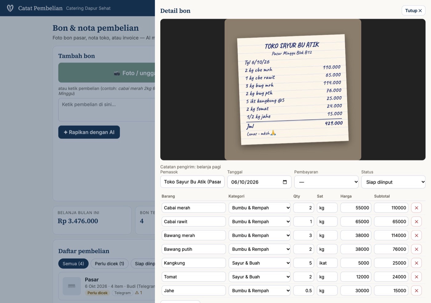 Catat Pembelian: a market receipt photo on the left, itemised result on the right