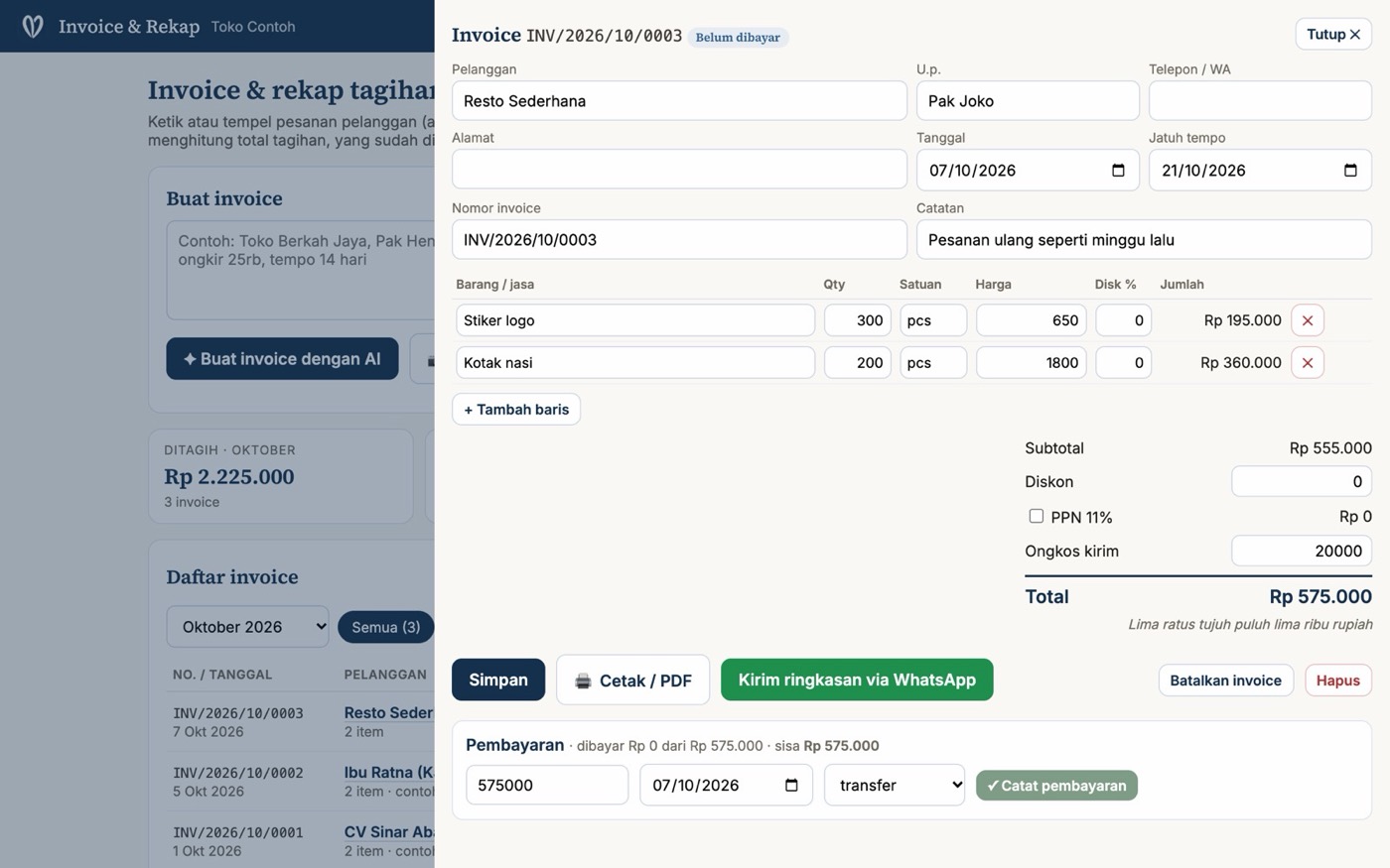 Invoice & Rekap: an invoice drafted by AI from an order message